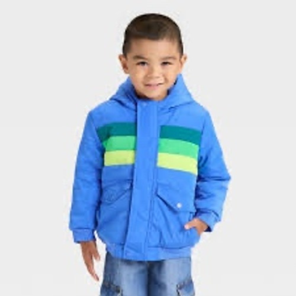 Cat & Jack Boys 2T Bold Blue Striped Puffer Jacket Hooded Water Resistant NWT